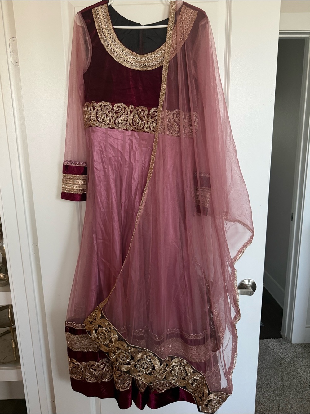 Girls' Embroidered Mauve and Burgundy Anarkali Dress with Gold Trim